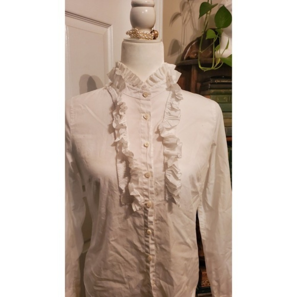 J.Crew White Ruffle Collar Button Down Cotton Blouse Victorian Style Top 6P